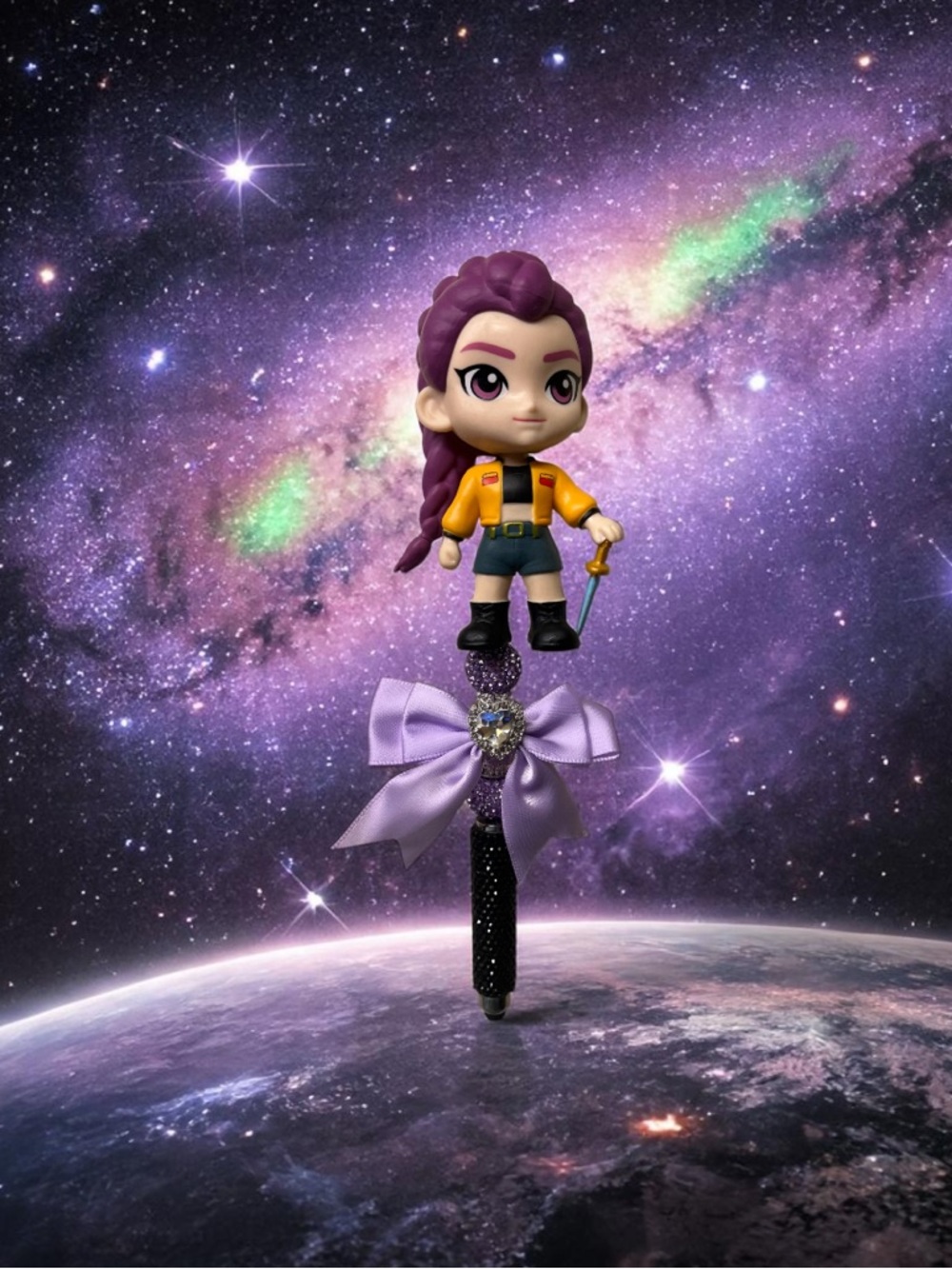 Purple-Haired Figurine Topper on Lavender Bow stylus Pen (demon hunters)